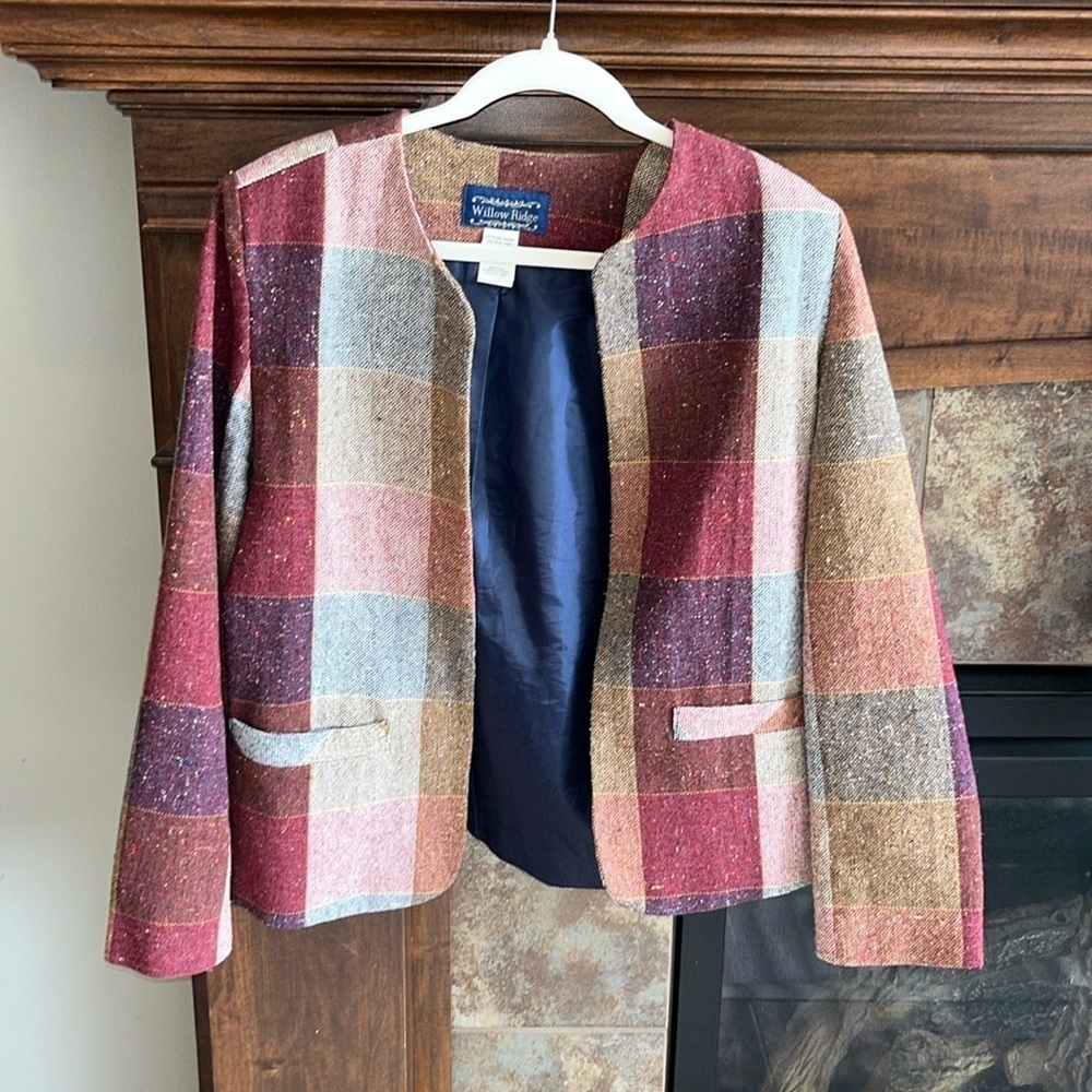 Vintage wool blend plaid open blazer jacket career office preppy  academia 8